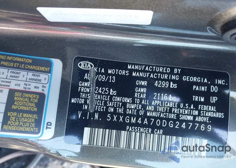 2013 Kia Optima Lx from USA, damaged, VIN 5XXGM4A70DG247769